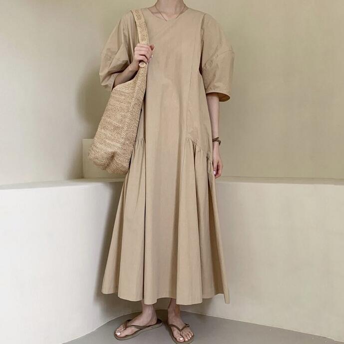 楽天市場 Elim サイドギャザー パフスリーブ ワンピース ライトベージュ ベージュ ダスティパープル The Useful Stand