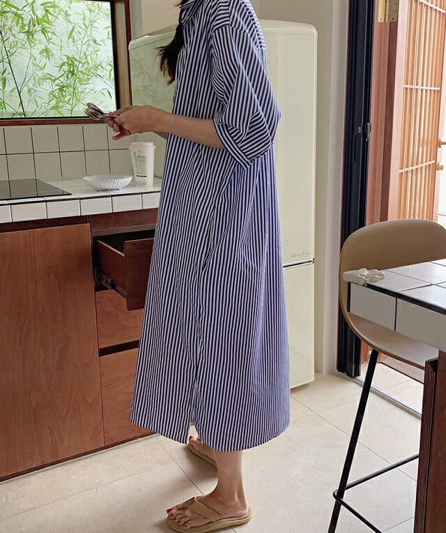 Elim ストライプ シャツワンピース ブルー septicin Com