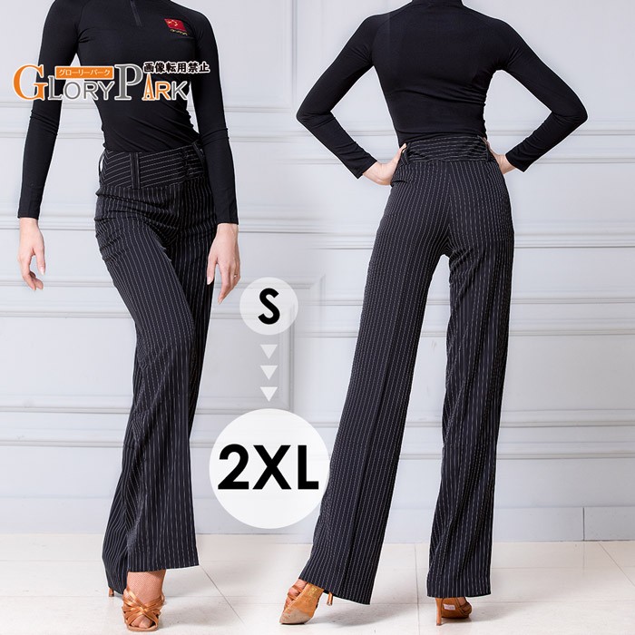 美脚押し出し 縞模様柄ハイウエストワイドパンツ S～2XL レディース c0lc