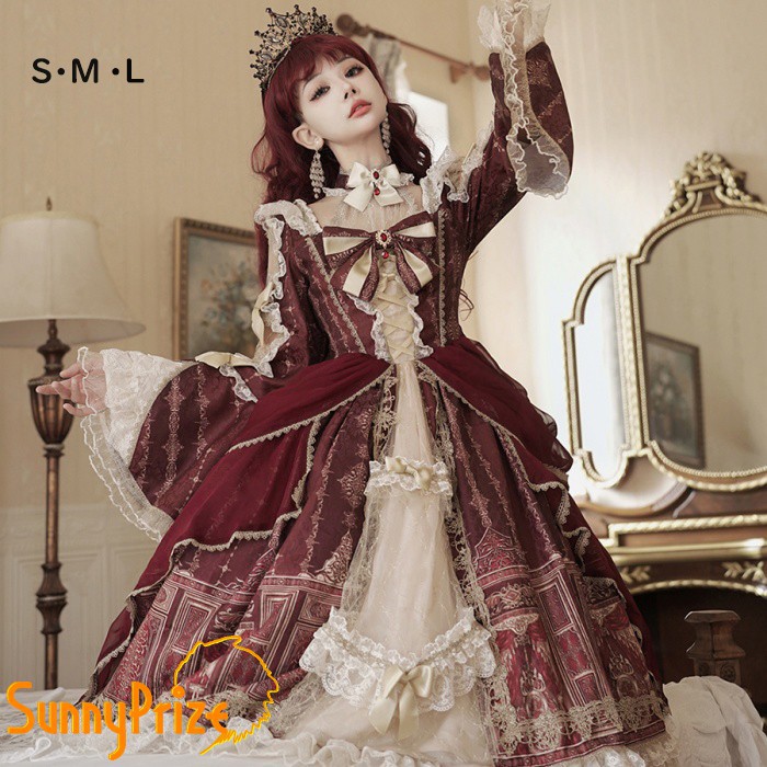 ロリータ 可愛い 萌え萌え リボン ワンピース Lolita ロング丈 レディース コスチューム お嬢様 パーティー 仮装 演出 ステージ 学園祭 文化祭 イベント レッド S M L j5lc｜LAX SHOP