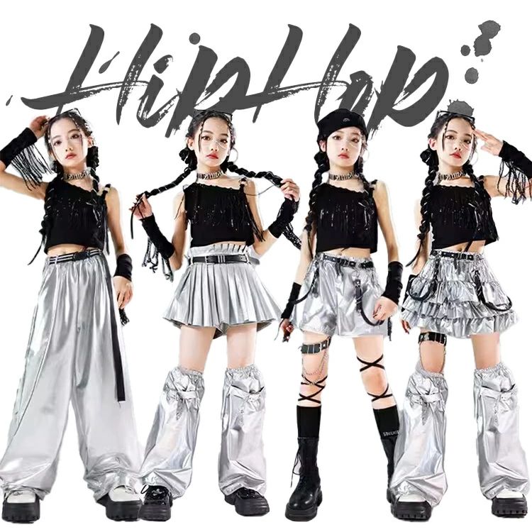 ダンス キッズ ブラック シルバー ダンス衣装 女の子 ティアードスカート スパンコール キラキラ ガールズ スカート ダンスウェア 発表会 応援団 イベント ジュニア カッコイイ 普段着 jazz K-POP オシャレ DANCE 110~170