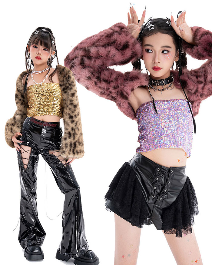 キッズ 子供用 ダンス 衣装 セットアップ 豹柄ファージャケット パンツスカート スパンコール ヒップホップ ジャズ ダンス衣装 光沢感 ダンス衣装 女の子 おしゃれ ダンス 服 発表会 HIPHOP ジュニア 大きいサイズ 150 160 170 ハロウィン コスプレ 派手 仮装 衣装