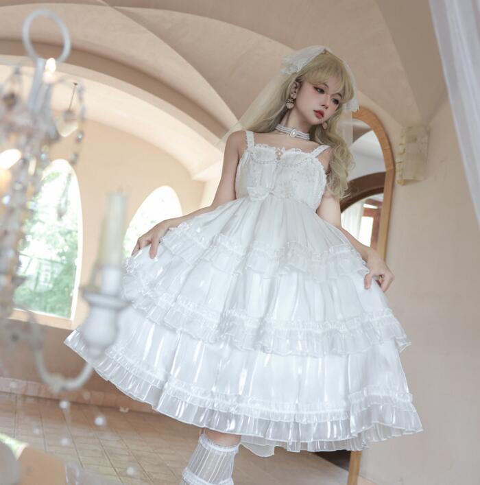 ワンピース お姫様 ロリータワンピース 真っ白 ロリータ ワンピース 袖なし膝丈 ティアードドレス キャミソール 可愛い コスチューム 学園祭 文化祭 イベント衣装 撮影 ロリータドレス ホワイト