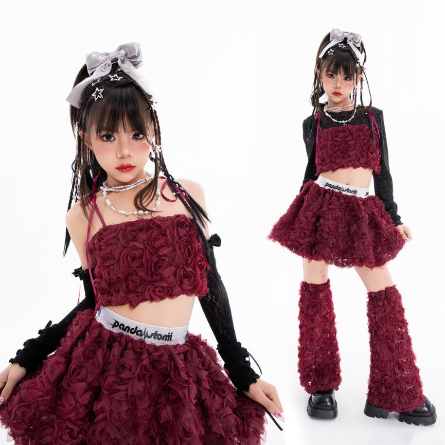 女の子 ジャズダンス 衣装 女の子 可愛い 花びら演出服 子供 ジャズダンス 衣装 ジャズ ヒップホップ チアダンス 演出服 子供 jazz hiphop 演出服 女の子 かっこいい ステージ衣装 ワイン
