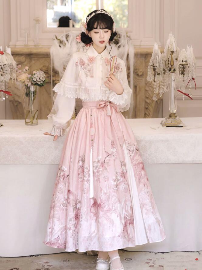 レディース 漢風 ロリータ服 漢元素 ロリータブラウス ロング丈スカート 羽織 ボレロ ゴージャス 刺繍飾り 花飾り 中華風 コスプレ衣装 学園祭 文化祭 イベント 花見 撮影衣装 コスチューム ピンク