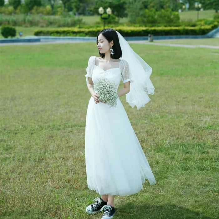 ウエディングドレス 袖あり 二次会 ミモレ丈 花嫁二次会 大きいサイズ パーティー 結婚式 海外挙式 前撮り 後撮り ブライダル 披露宴 ドレス エンパイア ワンピース|LAX SHOP