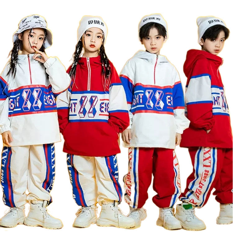 子供服 ヒップホップ ダンス衣装 ウインドブレーカー 赤 白 ジャージ セットアップ ユニセックス ストリート ロングパンツ k-pop 原宿系 ストリート イベント 発表会 110 120 130 140 150 160 170 180