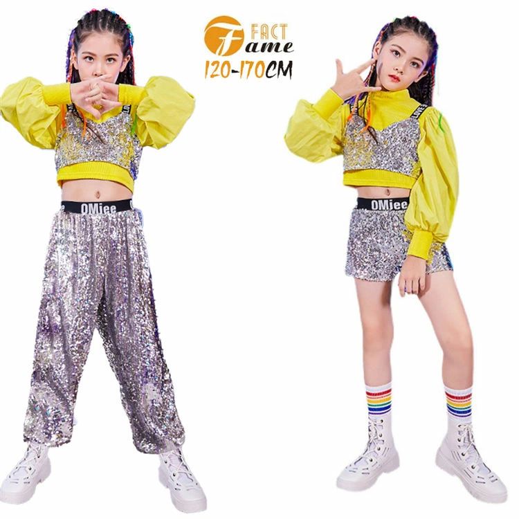ダンス衣装 キッズ 女の子 スパンコール セットアップ チア へそ出し イエロー トップス 短パンツ 長パンツ 原宿系 k-pop ヒップホップ 可愛い ステージ衣装 チーム 発表会 JAZZ 120-170CM