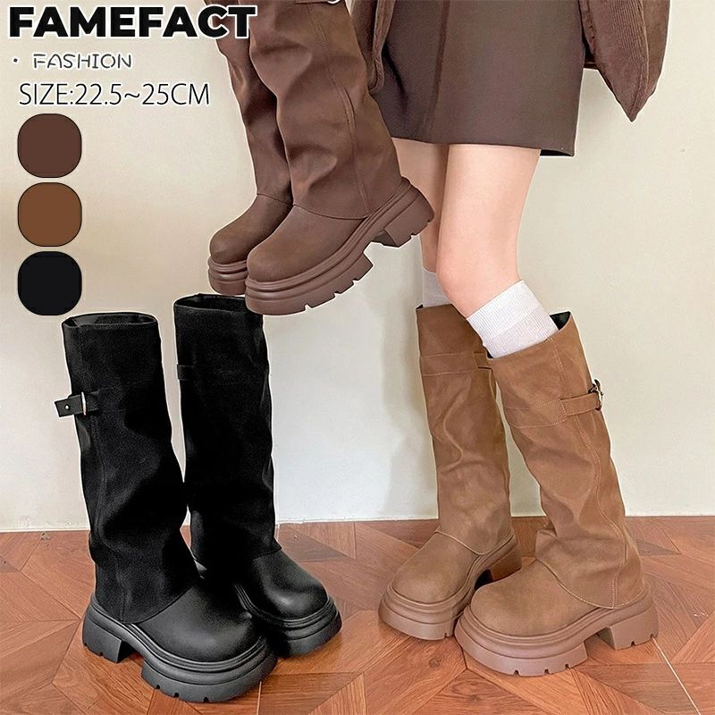 ごつい ロングブーツ レディース 厚底 韓国 トレンド 太ヒール フラット 歩きやすい ベルト フェイクレザー シンプル カジュアル 厚底ブーツ ごつい ウエスタン 秋冬 黒 ブラウン 美脚 ギャル系 ファッション