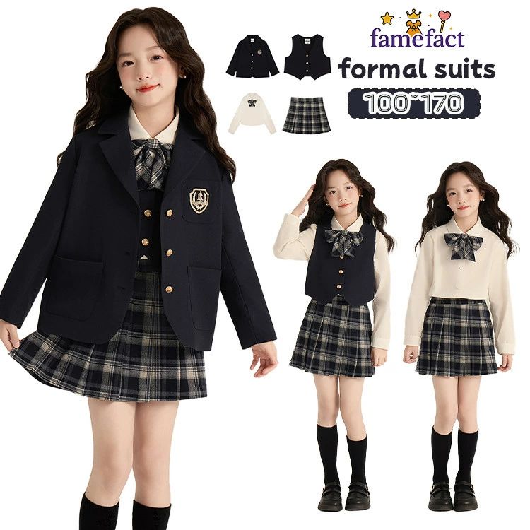 紺色 女の子 卒業式 スーツ 小学生 フォーマル セット ネービー ブレザー ジャケット ベスト アイボリー 長袖シャツ チェック プリーツスカート 卒服 子供服 キッズ 中学生 入園 卒園式 入学式 可愛い ジュニア 七五三 お誕生日 お受験 発表会 100~170