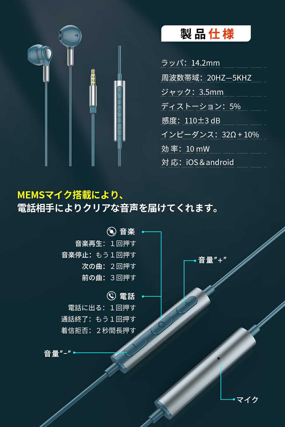 【10/1 ワンダフルデー 期間限定P5倍】Lazata 有線 イヤホン 3.5mm インイヤー型 有線イヤホン 全4色 リモコン/マイク付き ハンズフリー通話可 14.2mmダイナミックドライバー搭載 通勤通学に最適 多機種のデバイスに対応