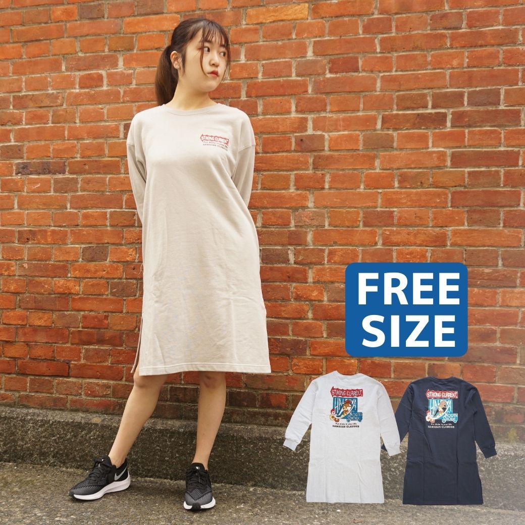 【 STRONG CURRENT 】 スウェット ワンピース レディース 春 長袖 低身長 ストロングカレント アイボリー グレー フリーサイズ 綿100%