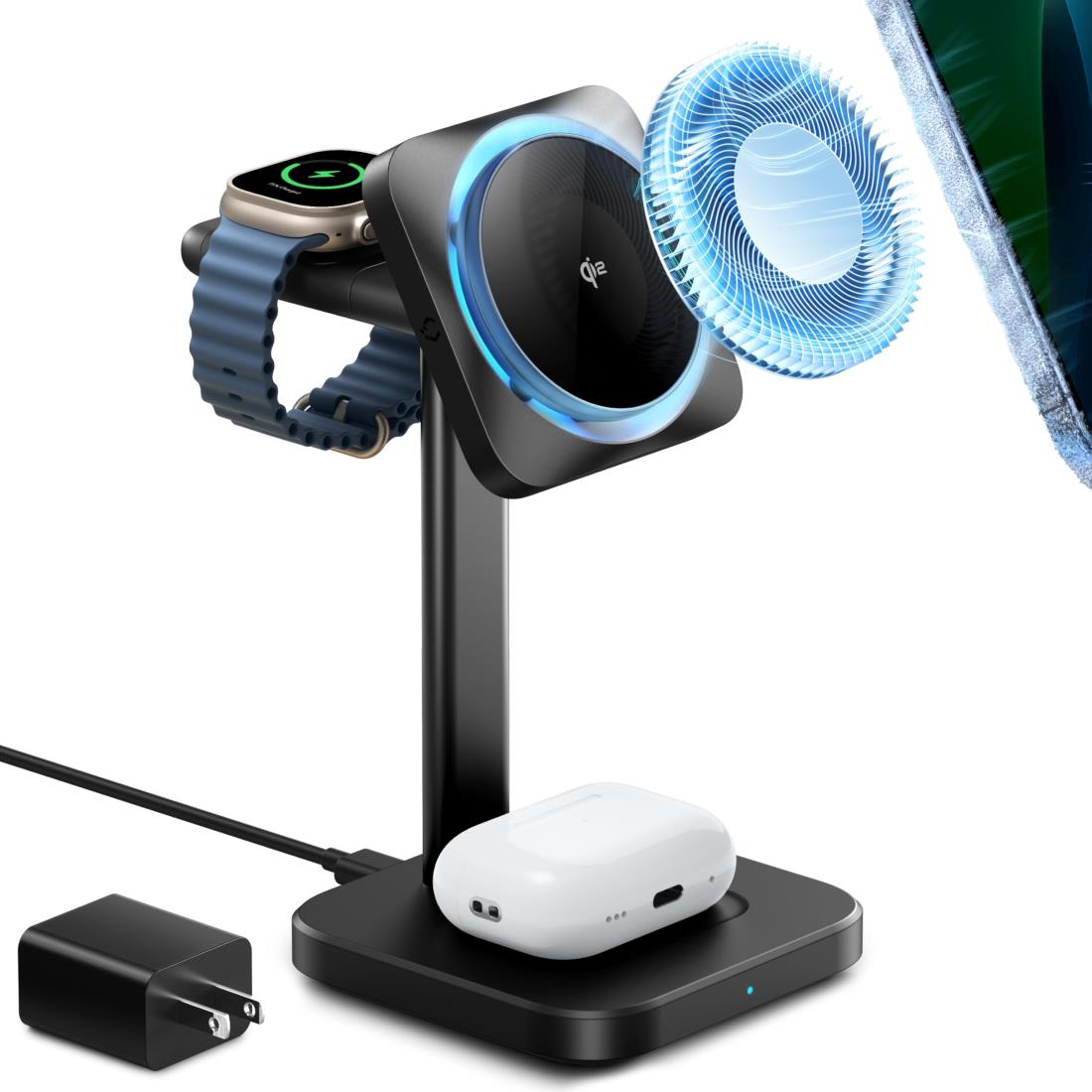 ESR Qi2 3 in 1 ワイヤレス充電器（CryoBoost搭載) Apple認定Watch充電器＆15W Qi2 Magsafe充電器（iPhone用）スマホ冷却ワイヤレス充電器 iPhone 16/15/14/13シリーズ用 アップルウォッチAirPods 4/3/AirPods Pro用 ブラック