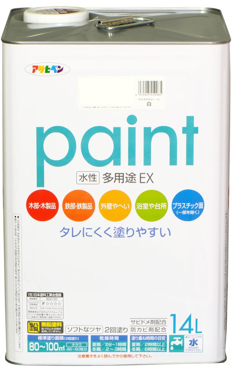 アサヒペン 水性多用途EX 14L 白 塗料 ペンキ 水性 多用途 屋内外用 半ツヤ ソフトなツヤ 低臭 防カビ サビドメ剤配合 タレにくく塗りやすい シックハウス対策品 日本製|LB77店