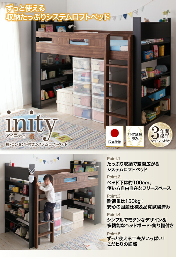 棚 コンセント付きシステムロフトベッド Inity アイニティ 国産軽量ポケットコイルマットレス付き 日本製 システムベッド 棚付き 国産軽量付き オープンラック 本収納 分割 子供用ベッド 木製 子供 子供部屋 こども部屋 シングルベッド 代引不可 Opinioncubana Com