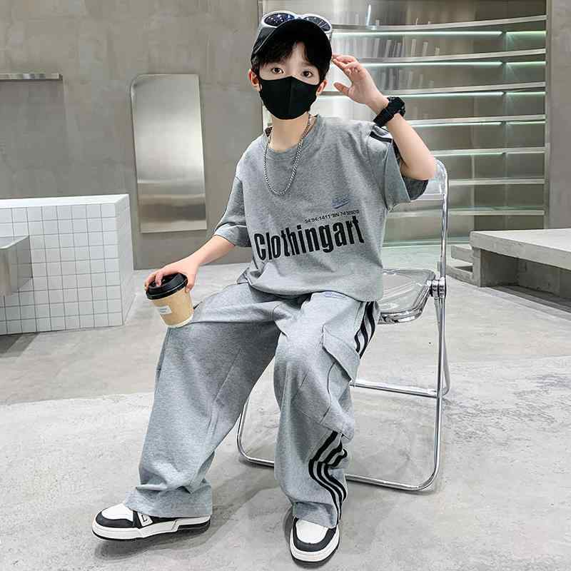 子供服 男の子 夏 短袖 セット 運動服 スタイリッシュ 通学用 遊び着 吸湿速乾 軽量 コットン混 ブルー系 グレー系 春夏 秋 ボーイズ ファッション カジュアル