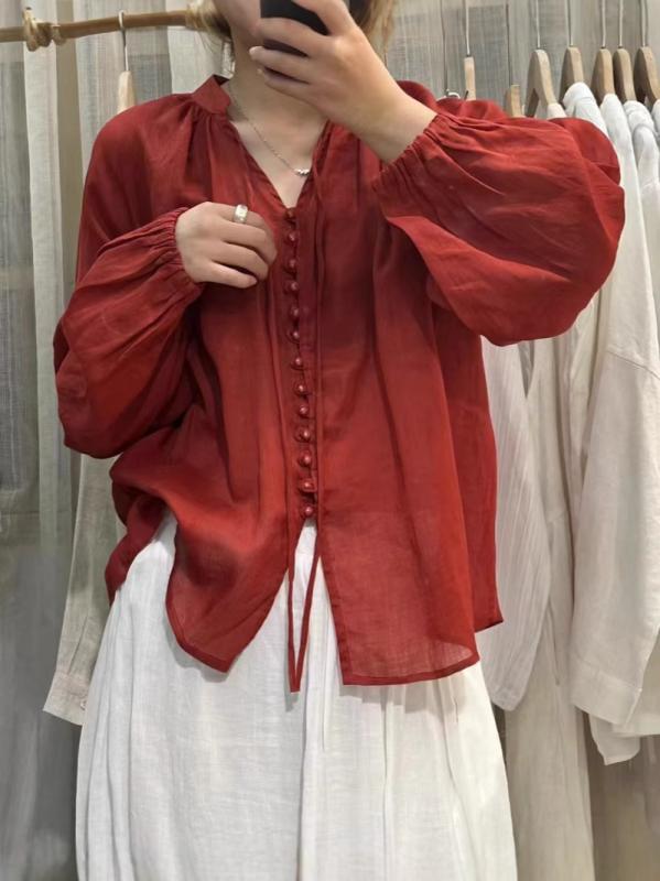 レディース 春夏 照明ランプ色合い ゆったり 提灯捩り シュロの葉 か細い見せ 雅びやか トップ トップス