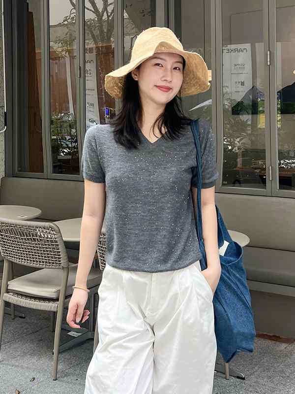 ブラジャーとっ始め キャミ 盛れる ニットトップス レディース 秋 Vのど首 短袖 ゆったり 薄っぺら 軽さ 好いたらしい 伸縮性 普段使い走り 下着類 アウター 合わせ分かりやすい