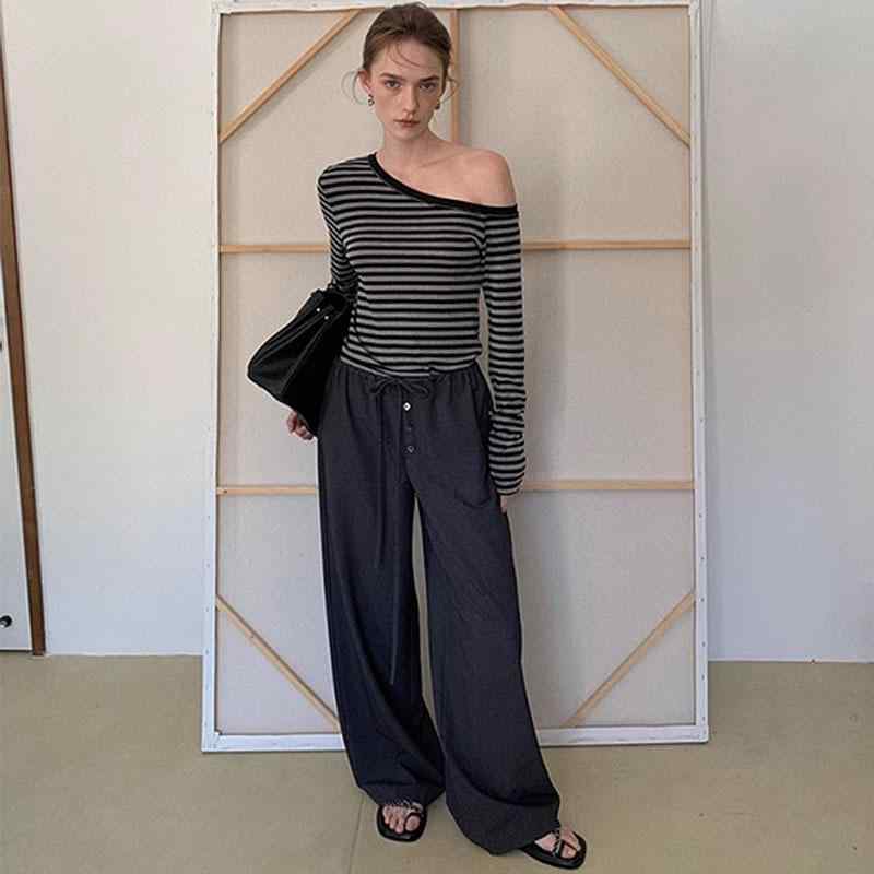 ブラジャーとっ始め キャミ 盛れる レディース 縞模様 オフショルダー 長袖 ティーシャツ 下着類 トップス か細い相応う 花の冠yd ベースレイヤー ボディコンシャス 肩出し  伸縮性 原料品 普段使い