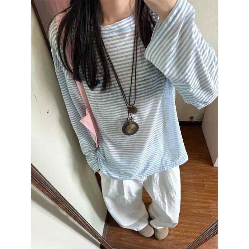 春服 レディース Tシャツ 長袖 クルーネック ブルーストライプ柄 韓国風 ゆったりシルエット 薄手 シースルー UVカット 防晒 春夏 軽量 日常使い アウトドア トップス