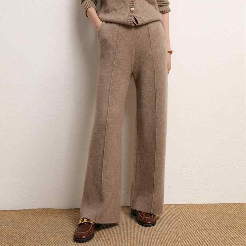 秋冬 レディース ハイウエスト ワイドパンツ カシミヤ ニット ゆったり スリム ドレープ 暖か エレガント ストレート ロング コーディネートしやすい ボトムス