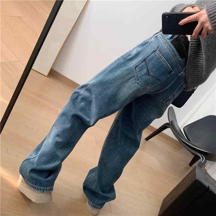 レディース 秋冬 厚手 ハイウエスト ワイドレッグ ストレート デニム パンツ フルレングス カジュアル ゆったり 暖か 普段使い