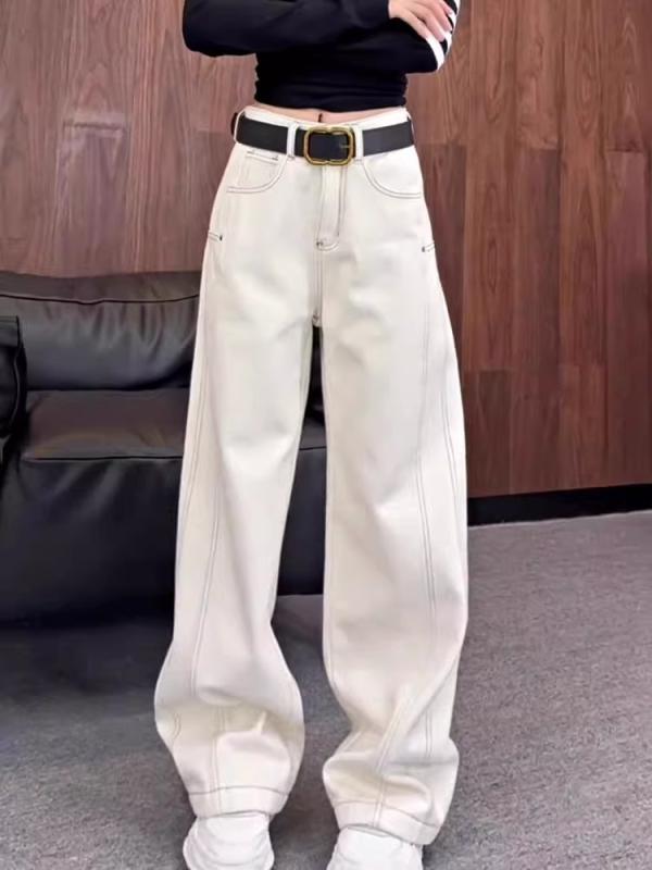 デニムパンツ 女性用 ハイウエスト ワイドレッグ フィット ライトカラー 秋冬 裏起毛 ストレート レッグ ロング丈 カジュアル ボトムス ゆったり 暖か デニム素材 普段使い
