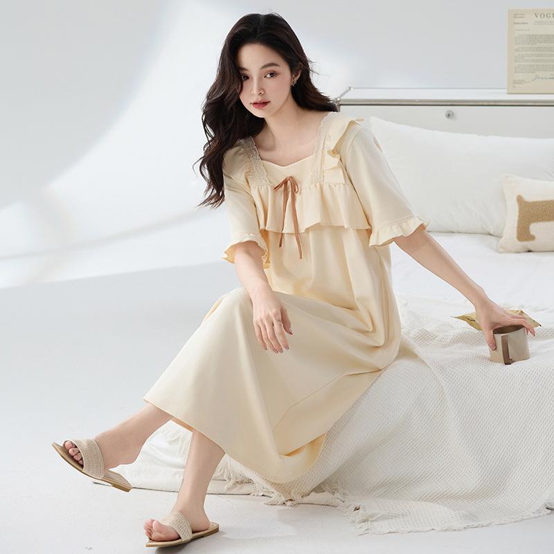 マタニティ パジャマ 夏用 短袖 ワンピース 綿100% 抗菌 かわいい プリンセス風 寝間着 妊婦服 軽やか 吸湿 速乾 通気性 ピンク系 アイボリー