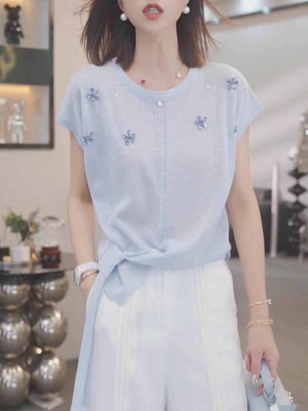 Tシャツ レディース 夏 ブルー ニット ショートスリーブ 紐付き ジルコニア フレンチスタイル フリルスリーブ 薄手 カジュアル 日常使い 吸湿速乾 軽量 4,709円