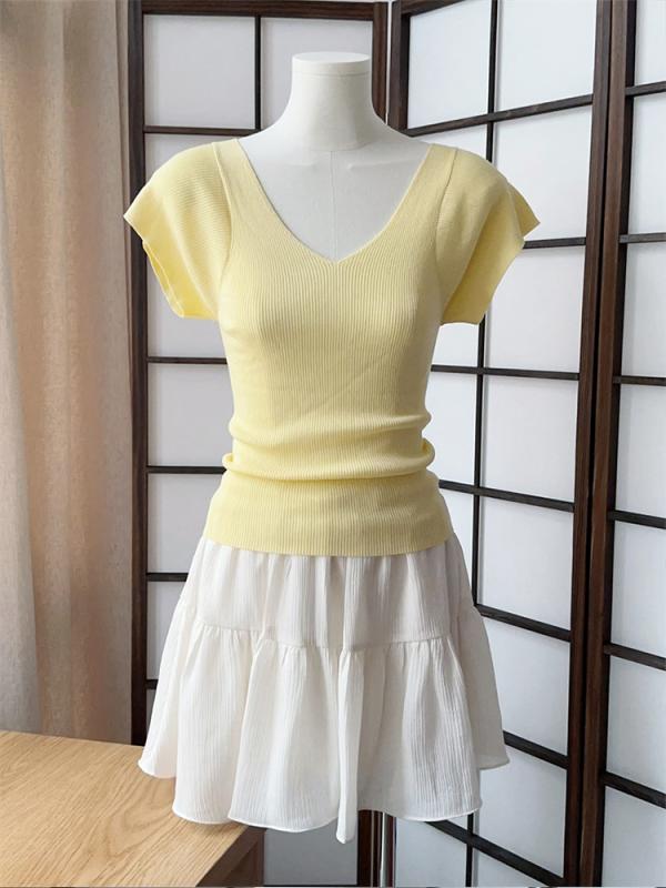 Tシャツ 女性用 イエロー Vネック 接触冷感 ニット ショートスリーブ 夏 フレンチスタイル 薄手 スリムフィット スリム効果 ショート丈 カジュアル トップス