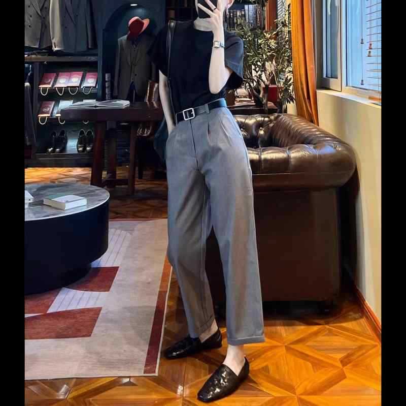 レディース パンツ グレー 九分丈 ハイウエスト ゆったり テーパード 脚痩せ シンプル 普段使い フィット ボトムス 女性用 ストレッチ|LCE店