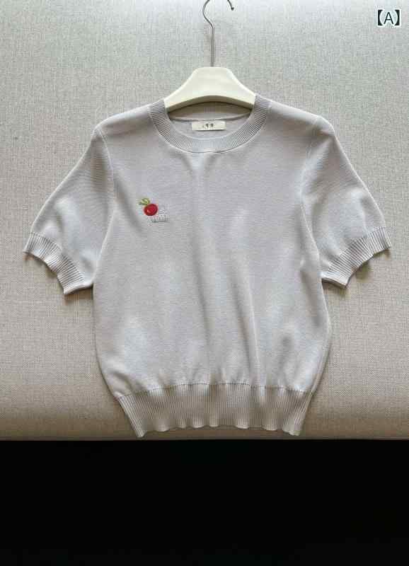 Tシャツ レディース 半袖 春夏 サマーニット トップス さくらんぼ柄 英字刺繍 スリム 着痩せ 細見え 体型カバー シンプル カジュアル 着回し きれいめ 伸縮性 通気性 普段使い 大人かわいい スタイルアップ ナチュラル 清楚 上品|LCE店