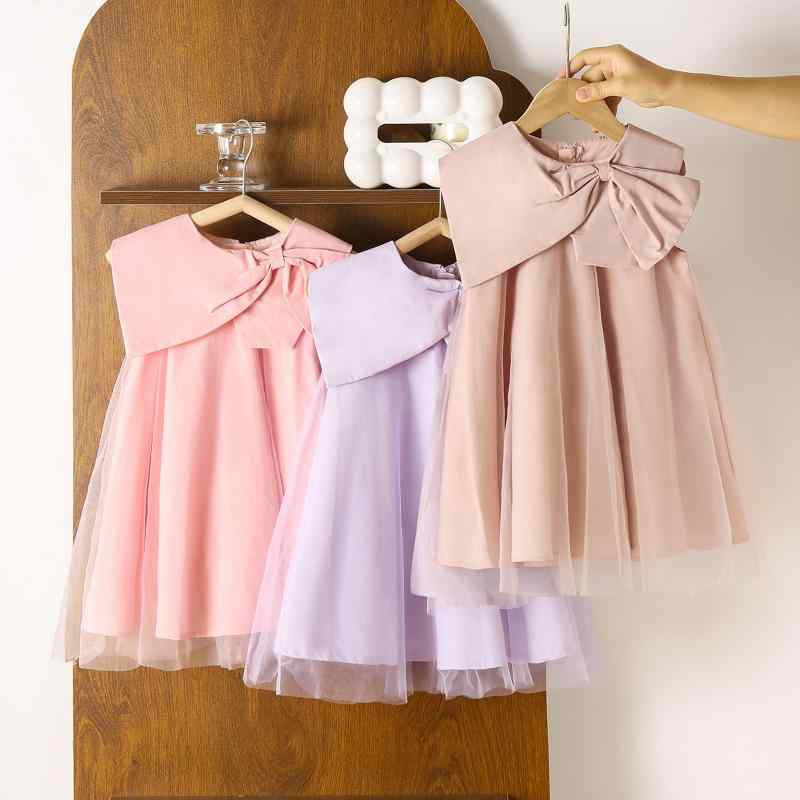 女の子用 キッズ ノースリーブ プリンセスドレス リボン 付き フォーマル ワンピース パーティー ドレス かわいい ベビー 対応 中小さいサイズ フレア スカート