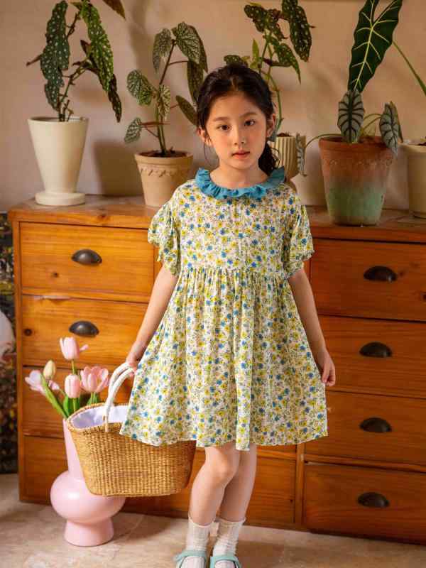 ワンピース 女の子 子供 夏 半袖 小花柄 森系 爽やか フリル襟 ナチュラル かわいい 日常着 軽やか