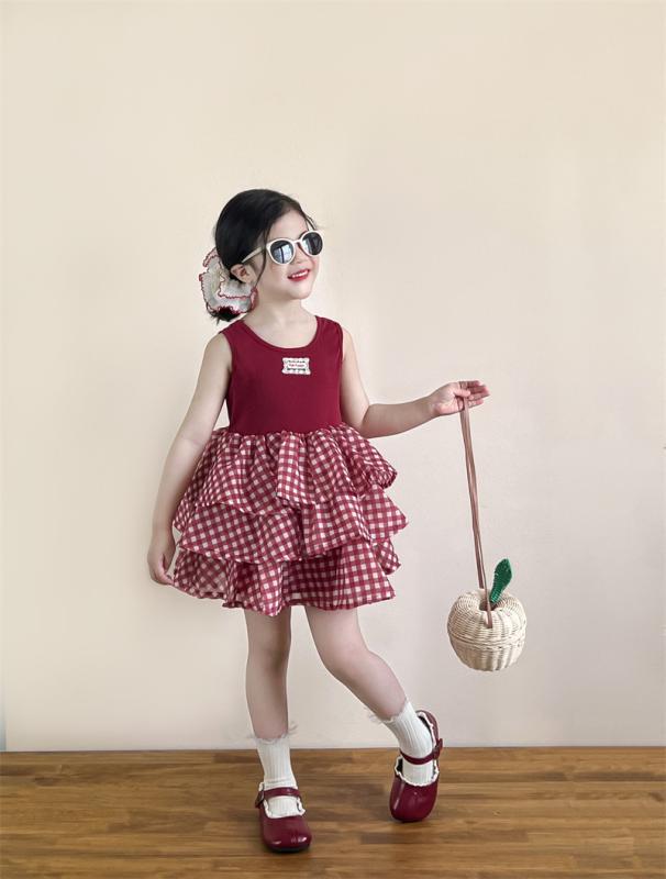 ワンピース 女の子 夏用 赤 チェック柄 刺繍 プリンセスドレス キャミワンピース フリルスカート かわいい 子供服 通学 普段使い