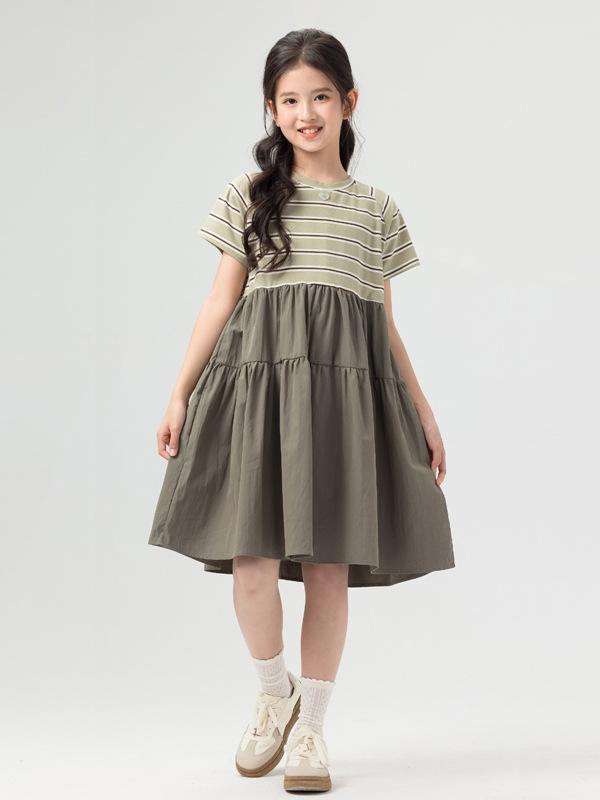 ワンピース 女の子 夏 ストライプ 短袖 切り替え カジュアル 子供服 普段使い 軽量 吸湿速乾 再生繊維 ビッグシルエットスカート