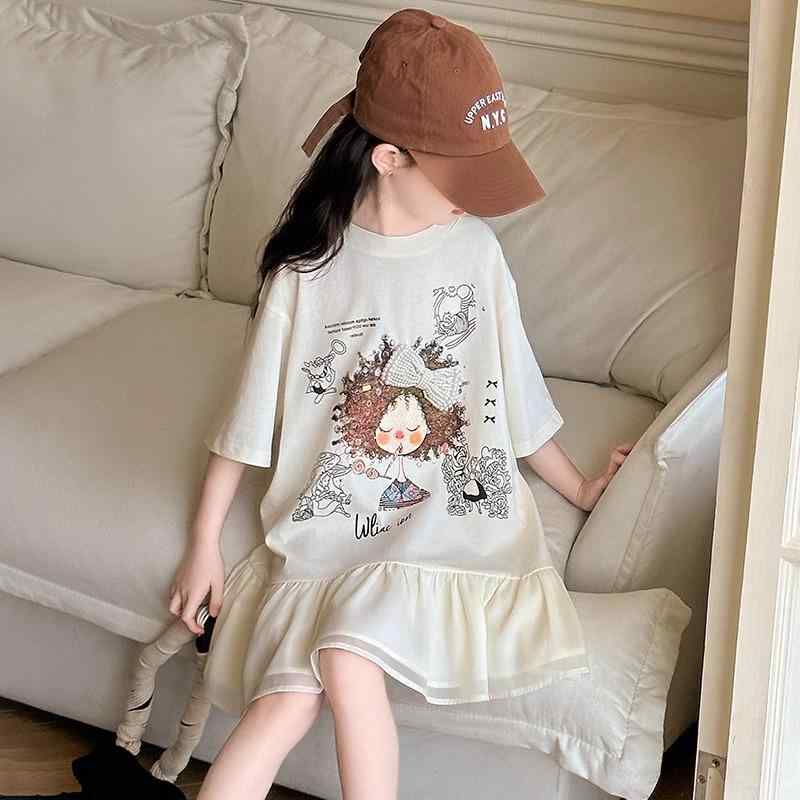 ワンピース 女の子 夏用 薄手 韓国 カートゥーン柄 Tシャツ スタイル 子供服 プリント 軽量 吸湿速乾 通学 普段使い かわいい シルエットスカート