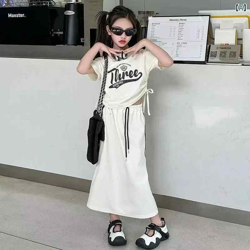 女の子 夏服 短袖 トップス ハーフスカート セット カジュアル 子供服 2点組 韓国 軽やか 涼しい 日常使い