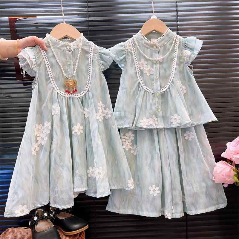 キッズ 女の子 かわいい 夏用 花柄 プリント 蝶々袖 ベビー ワンピース ワイドレッグパンツ セット モダンチャイナ風 カジュアル