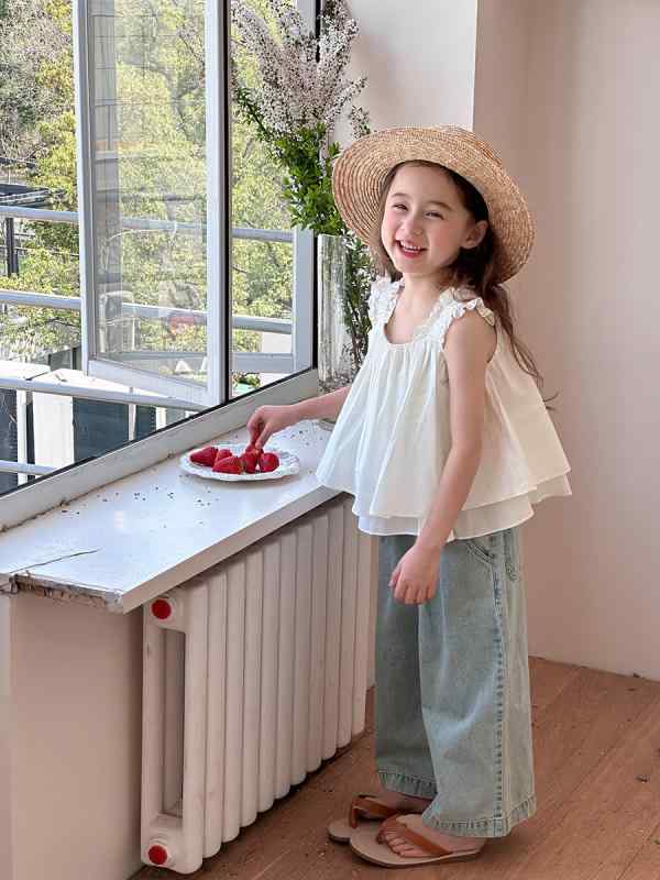 女の子用 ストラップ 袖なし キャミソール レース フリル ドールシャツ 韓国 トップス おしゃれ スタイリッシュ カジュアル 子供服