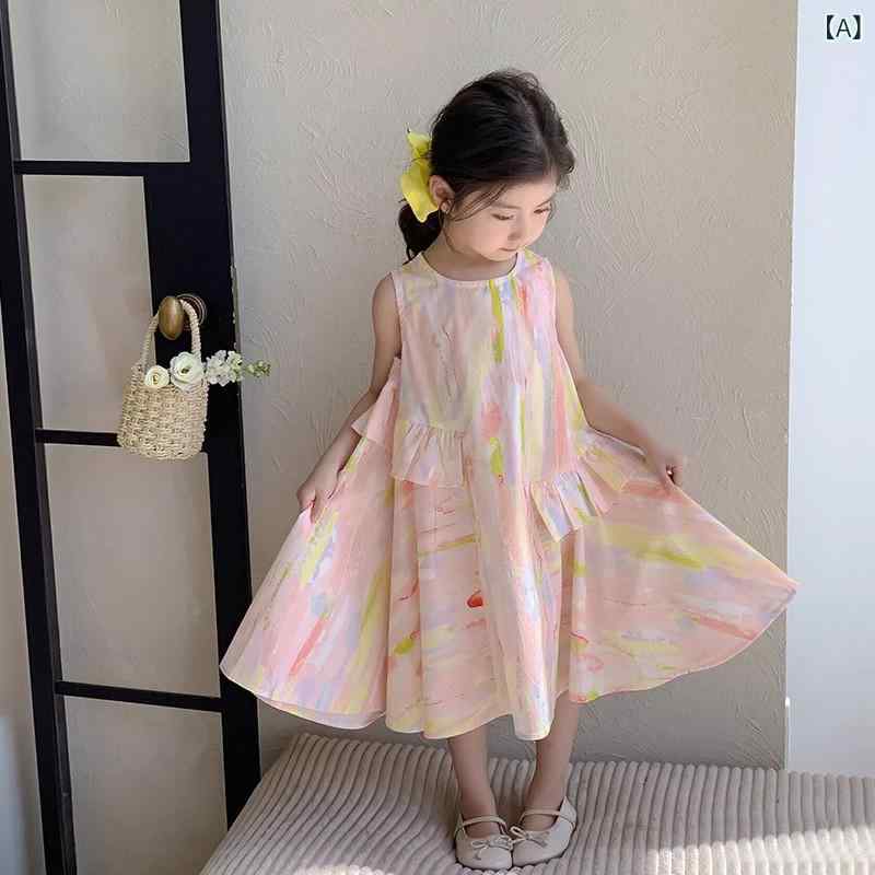 ワンピース 女の子 夏用 ノースリーブ 花柄 海辺 ビーチ 子供服 軽やか 涼しい プリント おしゃれ スタイル