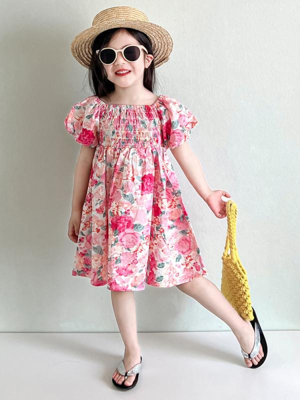 女の子 ワンピース 夏用 綿素材 バラ柄 フラワープリント パフスリーブ かわいい 洋風 軽量 通気性 子供服 ドレス 花柄 袖 ピンク系 アイボリー