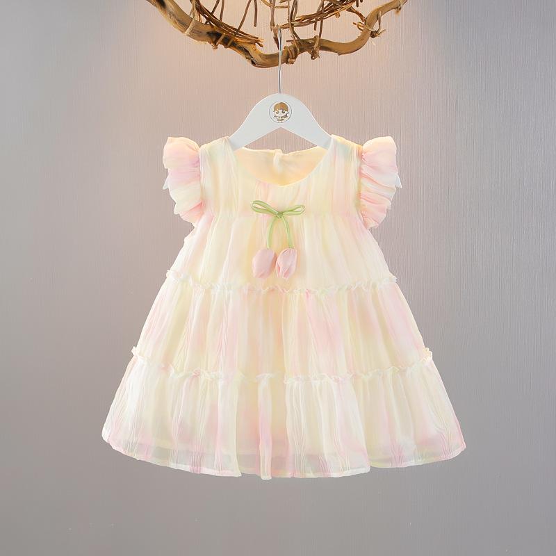 女の子用 夏 ワンピース 薄手 プリンセスドレス レース 小袖 かわいい 子供服 通気性 軽量 普段使い