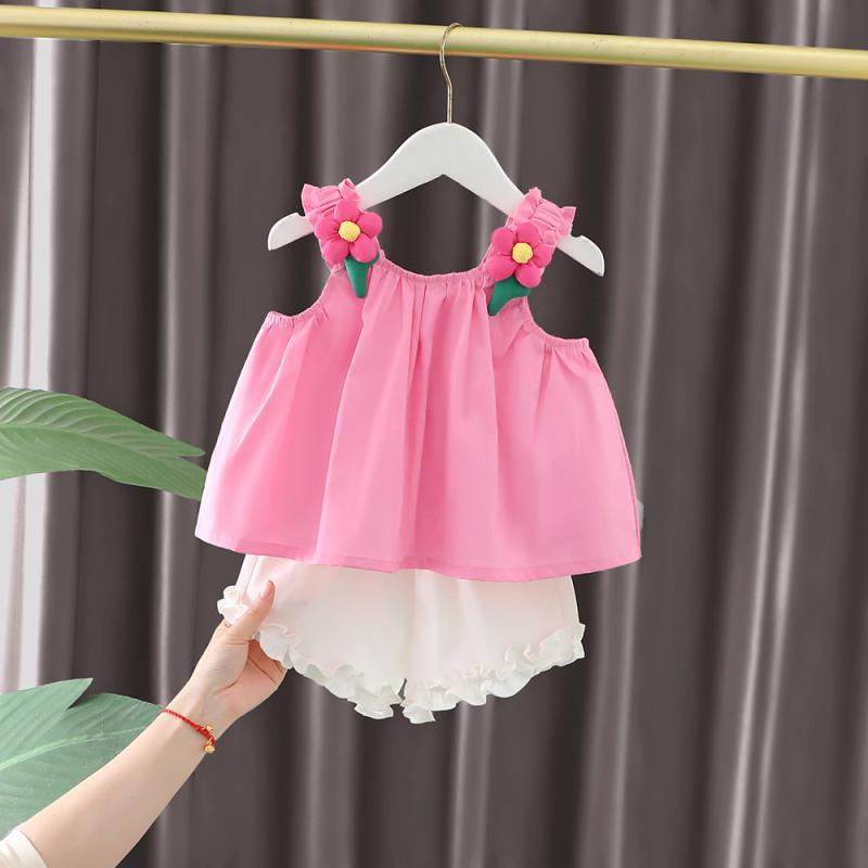 女の子 ベビー 吊り帯 セット 無袖 スカート トップス ショートパンツ 2点セット かわいい 普段使い 軽量 伸縮性 綿素材 ピンク系 アイボリー
