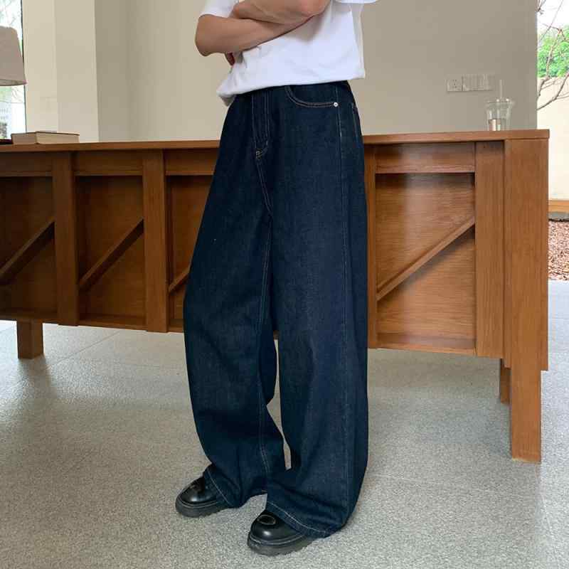 メンズ ワイドレッグ デニムパンツ ダークブルー 高級感 秋 カジュアル ロング丈 ジーンズ 普段使い ストレッチ 快適 デニム素材
