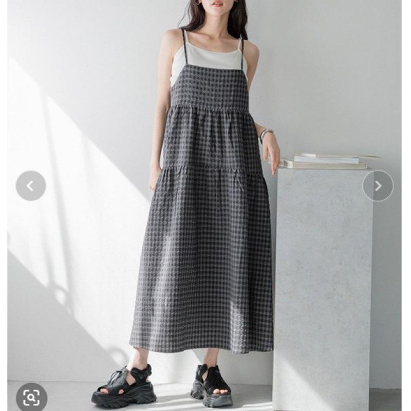 ワンピース レディース 夏 ロング チェック柄 キャミソール バックタイ かわいい スタイリッシュ 膝下丈 軽量 伸縮性 ピンク系 ブラック アイボリー 4,877円