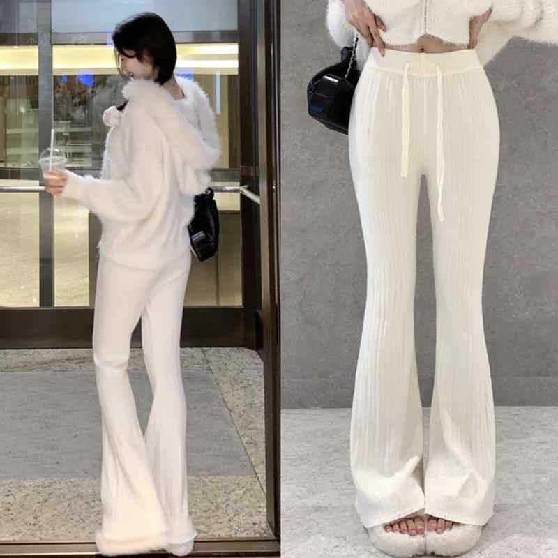 レディース ニット ロングパンツ ハイウエスト ドローコード スリムフィット セクシー スタイルアップ 通勤用 カジュアル 無地 伸縮性 普段使い コーディネートしやすい