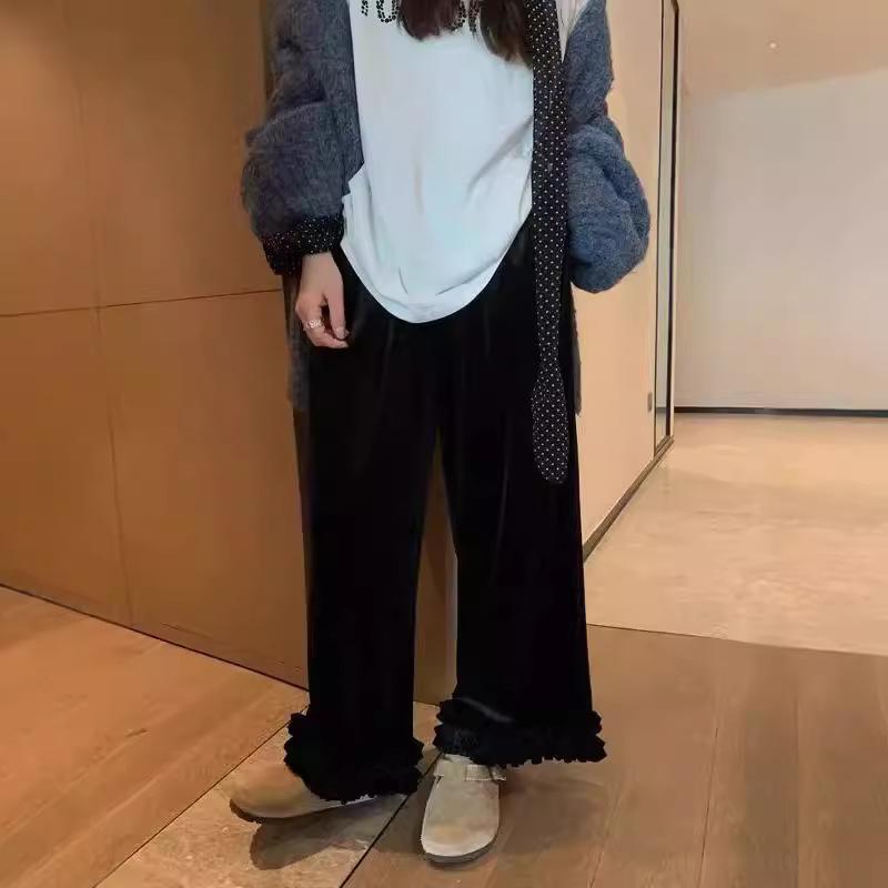 レディース 9分丈パンツ 伸縮性 レース縁 ベルベット ストレート シルエット 小柄対応 脚カバー カジュアル ボトムス 日常使い 軽量 楽ちん 女性用 ズボン トップス 合わせ コーデ