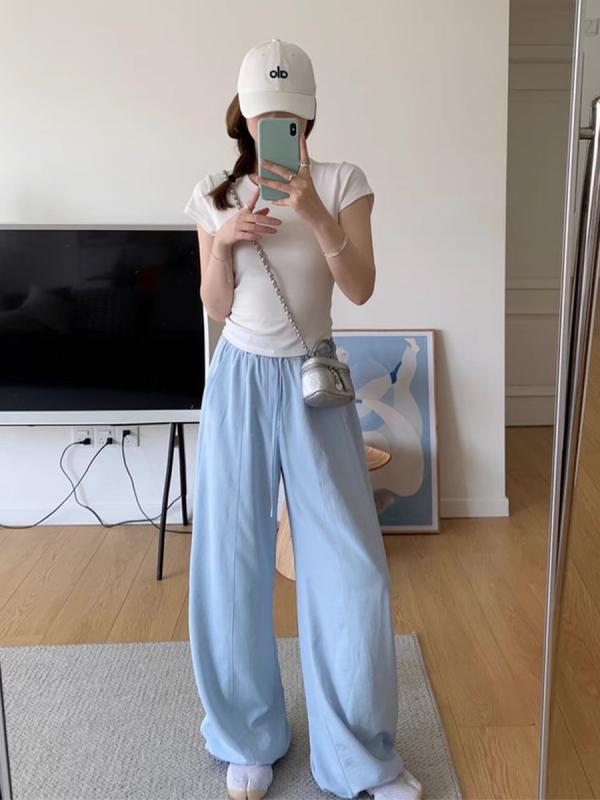 パンツ レディース ブルー カジュアル 韓国 夏用 接触冷感 ゆったり ワイドレッグ ドレープ感 ラフスタイル 散歩用 普段使い 軽量 伸縮性