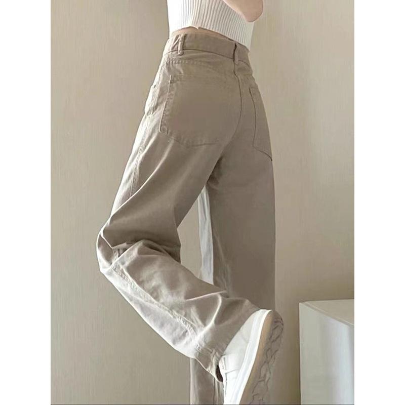 レディース デニムパンツ カーキ ハイウエスト ワイドレッグ ストレート 細見え 小柄向け 通勤 普段使い カジュアル コットン素材
